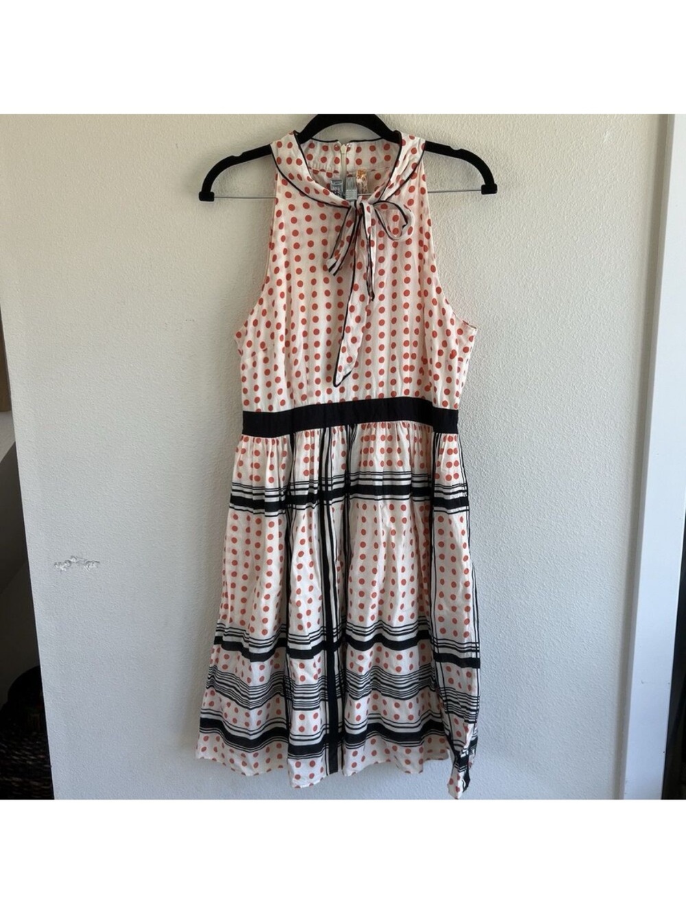 Maeve Cream and Coral Polka Dot Midi Dress with Black Trim